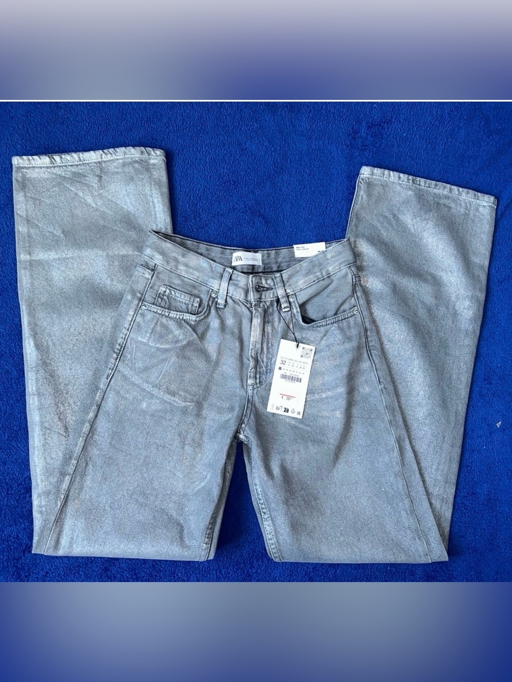 Zara NWT Mid Rise Full Length Wide Leg Silver Metallic Jeans Size 0 Womens
